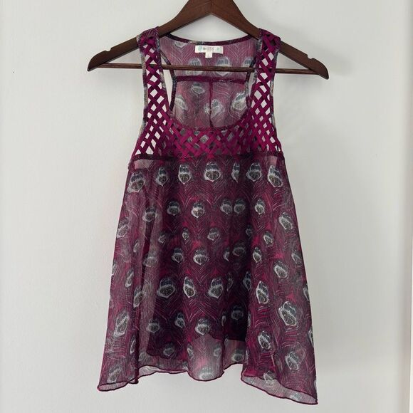 love, Fire Tops - Love Fire Boho Peacock Print Lattice Tank Top Size L Whimsigoth Festival Sheer